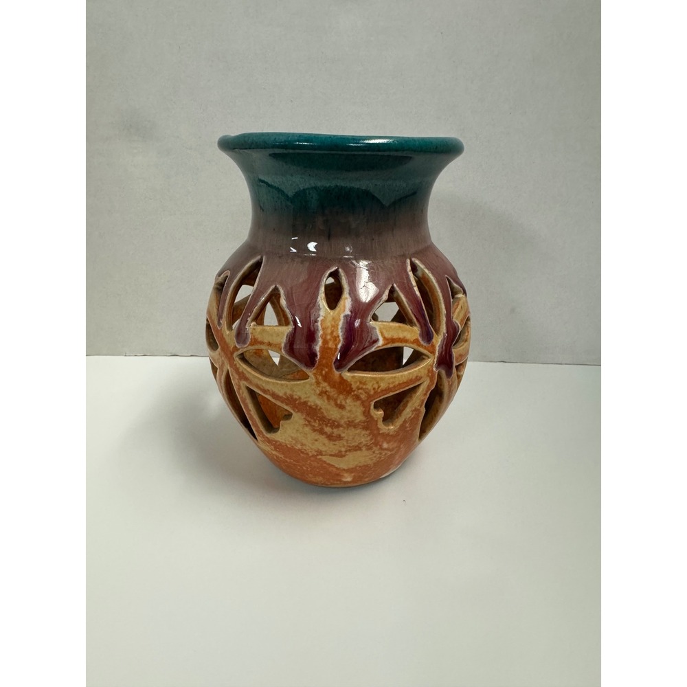 Vintage 1993 RAD Studio Pottery Drip Glaze Cutout Vase Teal Burgundy Orange 5" - Picture 7 of 7